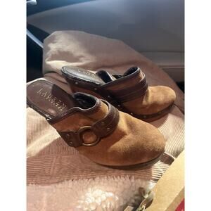 RALPH LAUREN 5.5 Stasia Clogs Brown Leather Mules Block Heel Buckle Stud M133